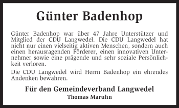 Traueranzeige von Günter Badenhop von KRZ
