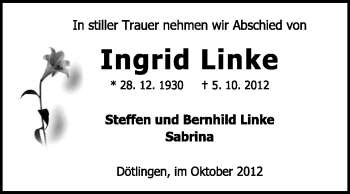 Traueranzeige von Ingrid Linke von KRZ