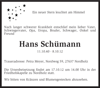 Traueranzeige von Hans Schümann von KRZ