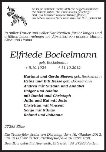 Traueranzeige von Elfriede Bockelmann von KRZ