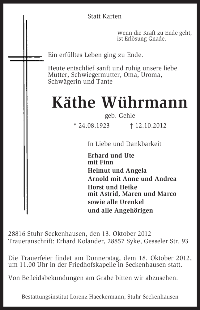  Traueranzeige für Käthe Wührmann vom 15.10.2012 aus KRZ