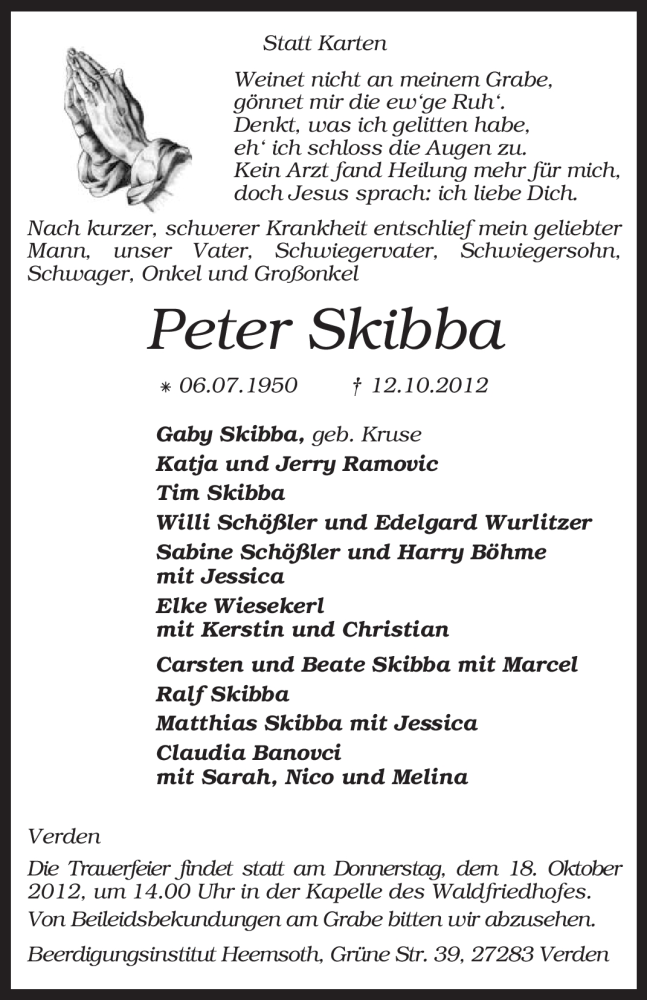  Traueranzeige für Peter Skibba vom 16.10.2012 aus KRZ