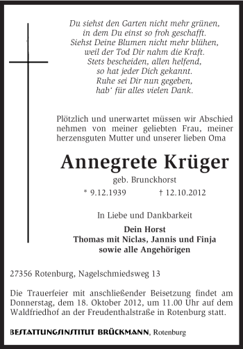 Traueranzeige von Annegrete Krüger von KRZ