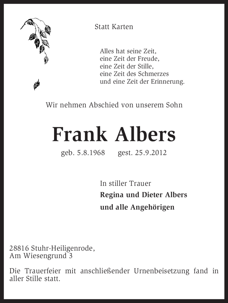  Traueranzeige für Frank Albers vom 17.10.2012 aus KRZ