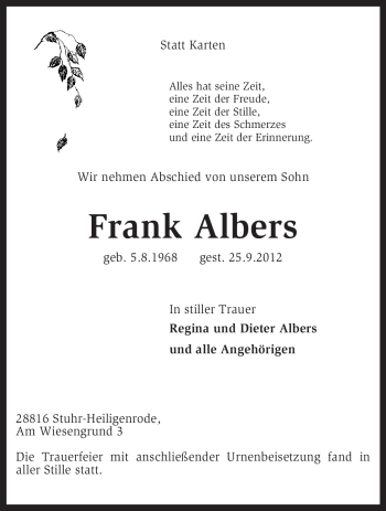 Traueranzeige von Frank Albers von KRZ