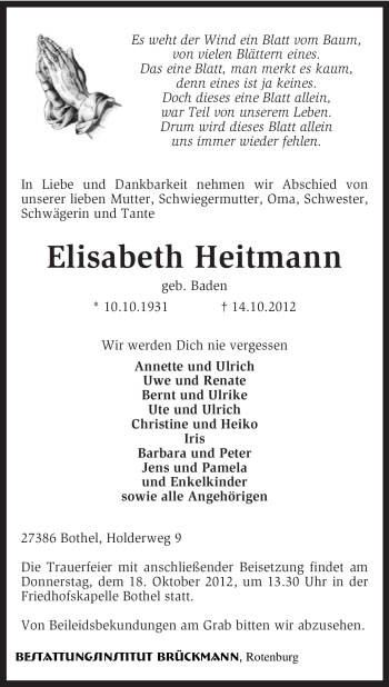 Traueranzeige von Elisabeth Heitmann von KRZ