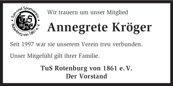 Traueranzeige von Annegrete Kröger von KRZ