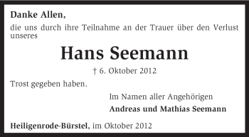 Traueranzeige von Hans Seemann von KRZ