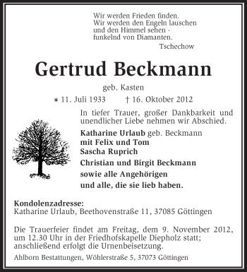 Traueranzeige von Gertrud Beckmann von KRZ