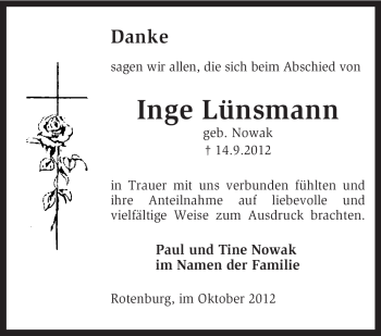 Traueranzeige von Inge Lünsmann von KRZ