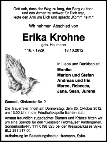 Traueranzeige von Erika Krohne von KRZ