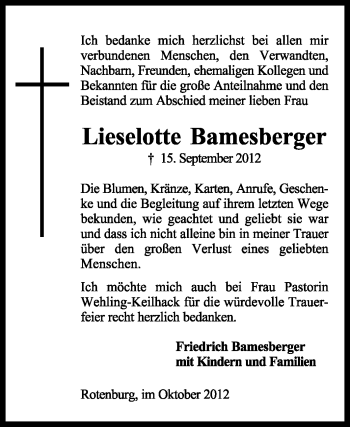 Traueranzeige von Lieselotte Bamesberger von KRZ