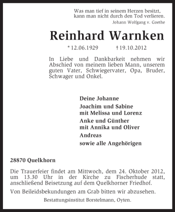 Traueranzeige von Reinhard Warnken von KRZ