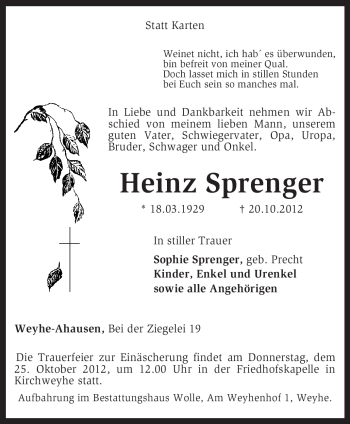 Traueranzeige von Heinz  Sprenger von KRZ