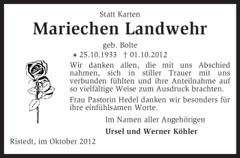 Traueranzeige von Mariechen Landwehr von KRZ