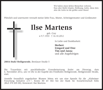 Traueranzeige von Ilse Martens von KRZ