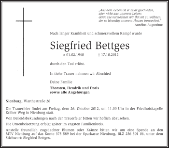 Traueranzeige von Siegfried Bettges von KRZ