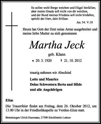 Traueranzeige von Martha Jeck von KRZ