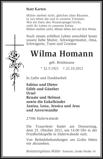 Traueranzeige von Wilma Homann von KRZ