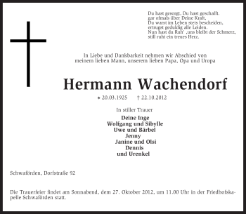 Traueranzeige von Hermann Wachendorf von KRZ