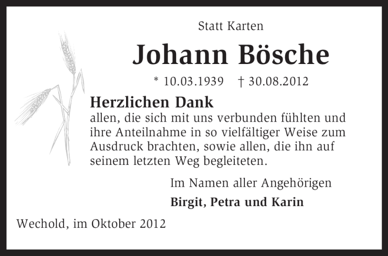 Traueranzeige für Johann Bösche vom 27.10.2012 aus KRZ