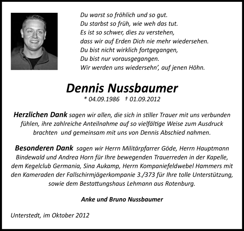  Traueranzeige für Dennis Nussbaumer vom 27.10.2012 aus KRZ