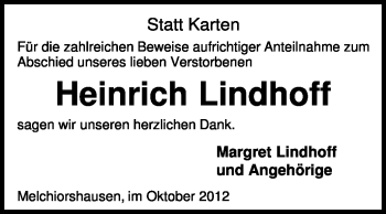 Traueranzeige von Heinrich Lindhoff von KRZ