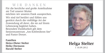 Traueranzeige von Helga Stelter von KRZ