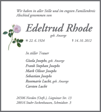 Traueranzeige von Edeltrud Rhode von KRZ