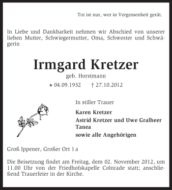 Traueranzeige von Irmgard Kretzer von KRZ