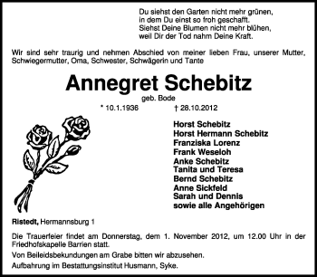 Traueranzeige von Annegreet Schebitz von KRZ