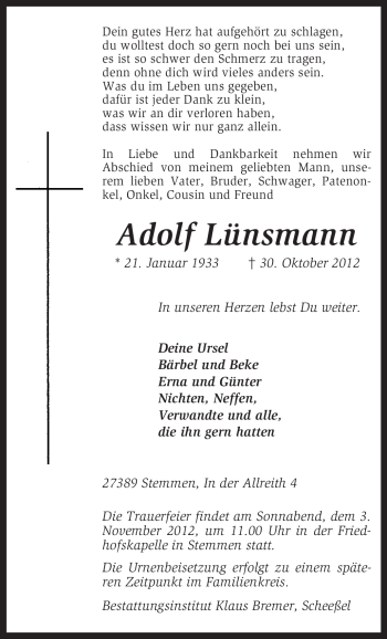 Traueranzeige von Adolf Lünsmann von KRZ