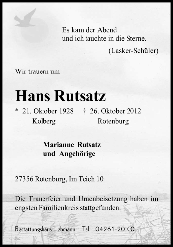 Traueranzeige von Hans Rutsatz von KRZ