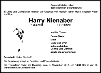 Traueranzeige von Harry Nienaber von KRZ