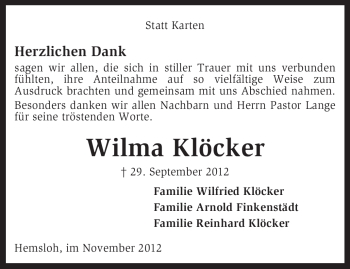 Traueranzeige von Wilma Klöcker von KRZ