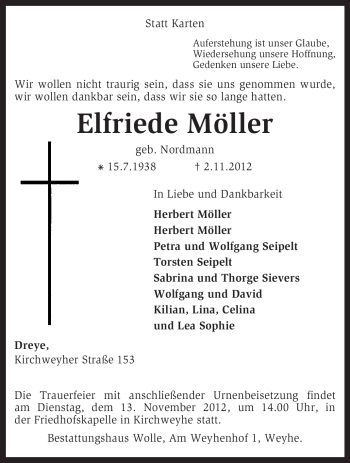 Traueranzeige von Elfriede Möller von KRZ