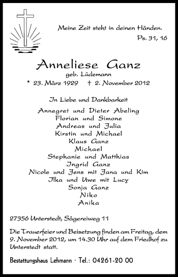 Traueranzeige von Anneliese Ganz von KRZ