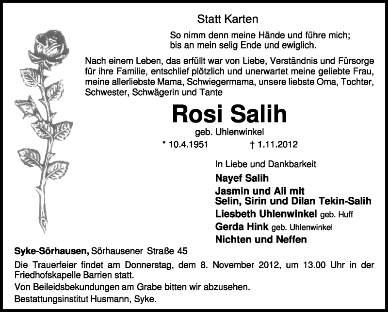  Traueranzeige für Rosi Salih vom 05.11.2012 aus KRZ