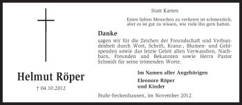 Traueranzeige von Helmut Röper von KRZ