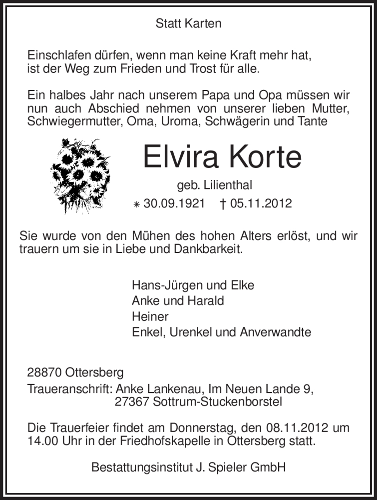  Traueranzeige für Elvira Korte vom 07.11.2012 aus KRZ