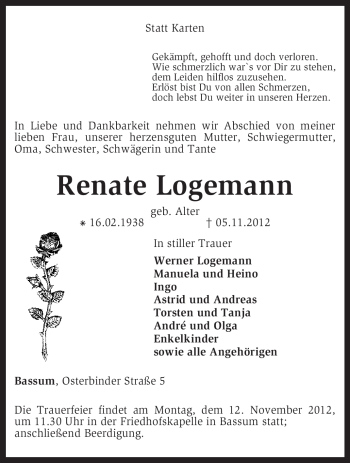 Traueranzeige von Renate Logemann von KRZ