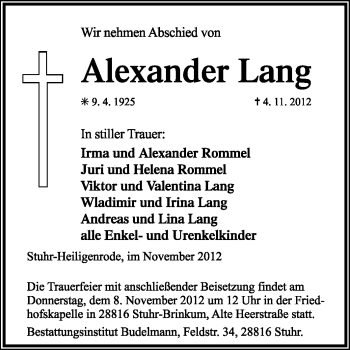 Traueranzeige von Alexander Lang von KRZ