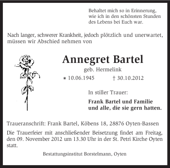 Traueranzeige von Annegret Bartel von KRZ