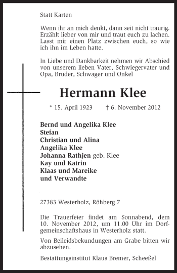 Traueranzeige von Hermann Klee von KRZ