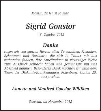 Traueranzeige von Sigrid Gonsior von KRZ