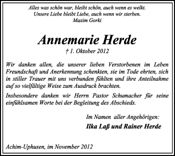 Traueranzeige von Annemarie Herde von KRZ