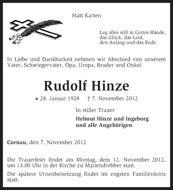 Traueranzeige von Rudolf Hinze von KRZ