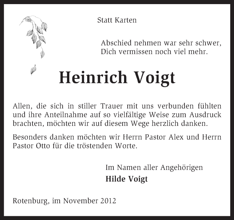  Traueranzeige für Heinrich Voigt vom 10.11.2012 aus KRZ