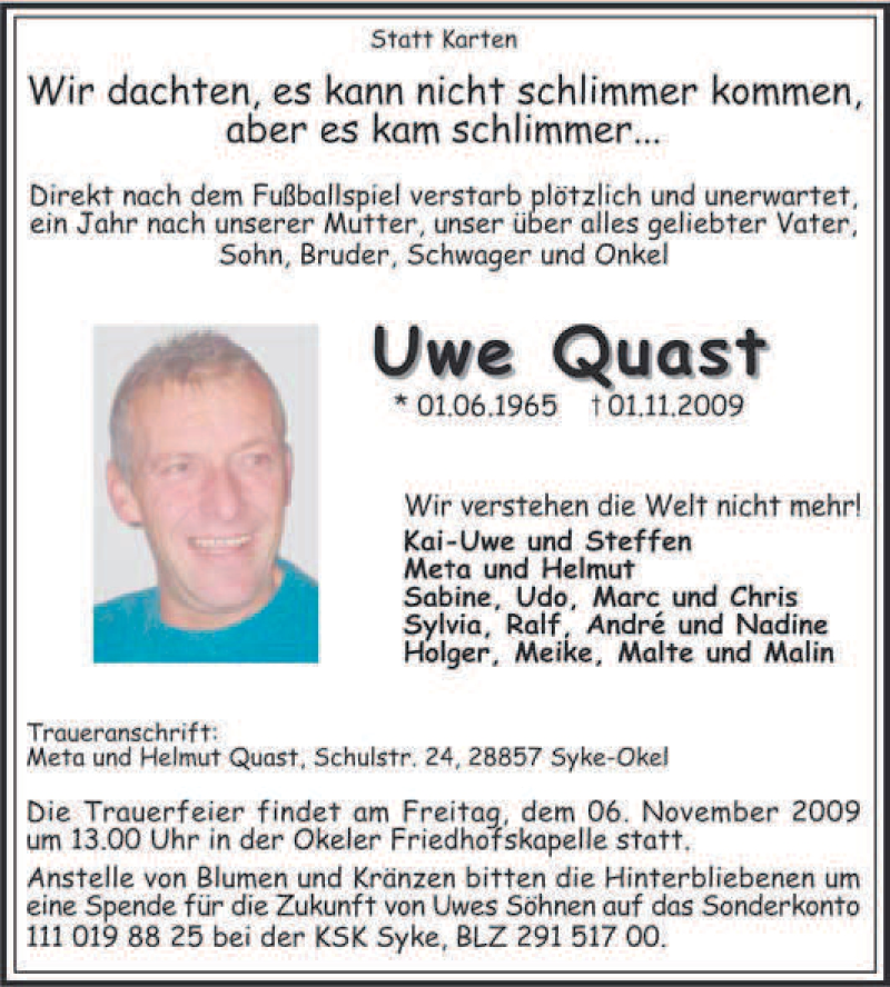  Traueranzeige für Uwe Quast vom 04.11.2009 aus KREISZEITUNG SYKE