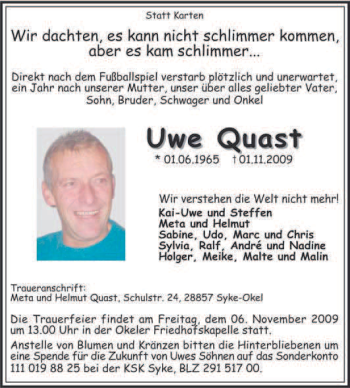 Traueranzeige von Uwe Quast von KREISZEITUNG SYKE